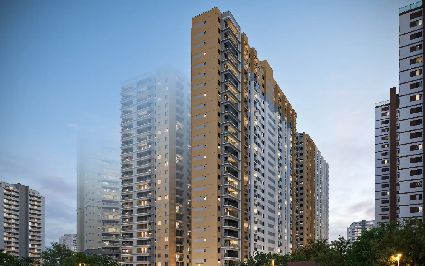 Torres residenciais ao entardecer